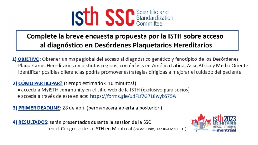Complete la breve encuesta propuesta por la ISTH sobre acceso al diagnóstico en Desórdenes Plaquetarios Hereditarios